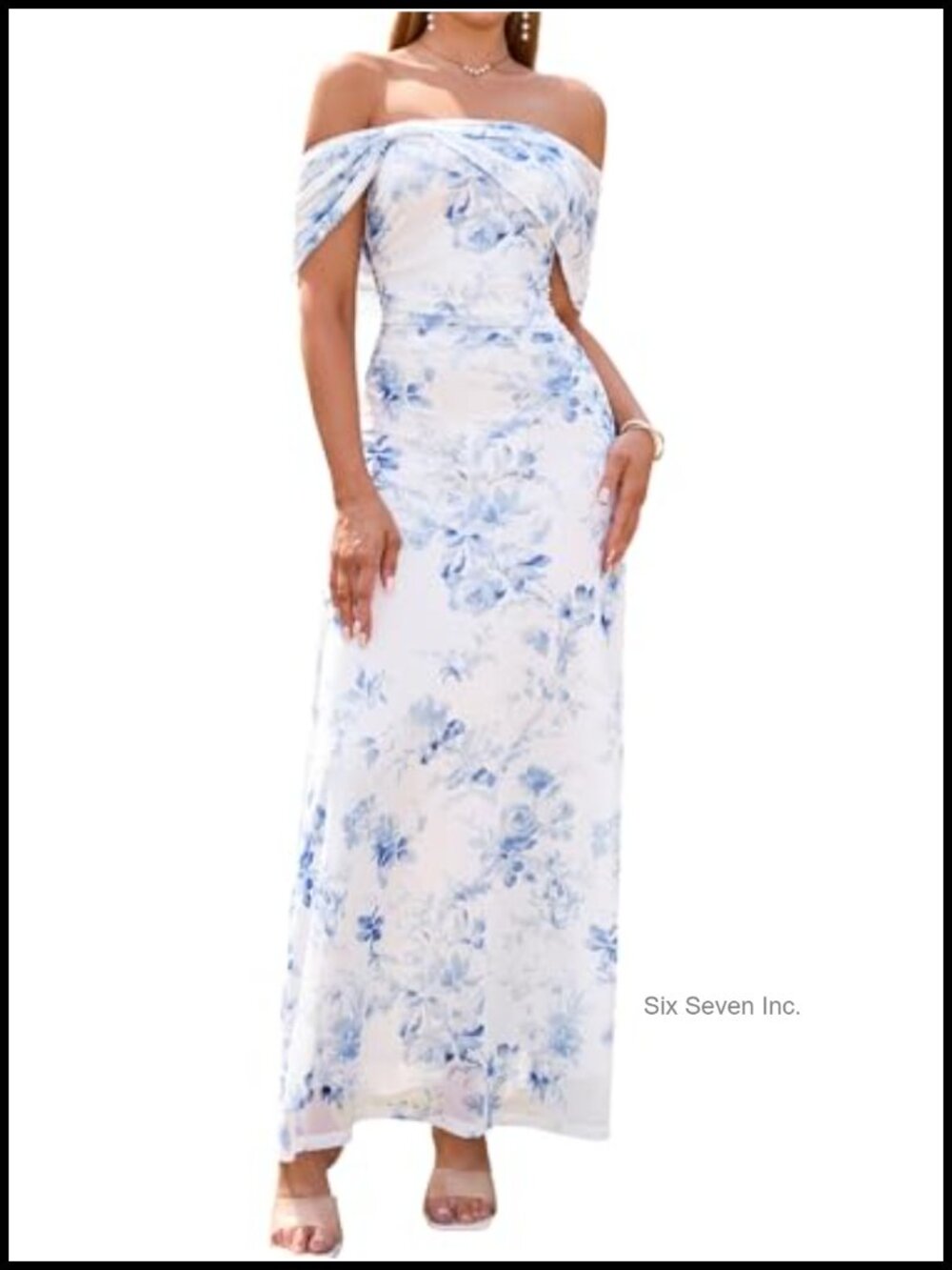 Off Shoulder Floral Maxi Dress Mesh Ruched Bodycon Wedding Guest
